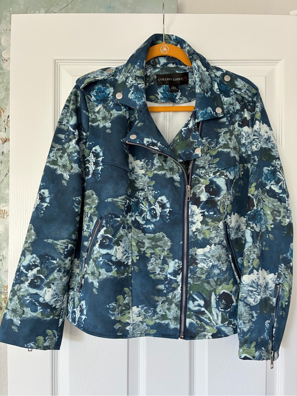 Colleen Lopez Teal and White Floral Moto Jacket